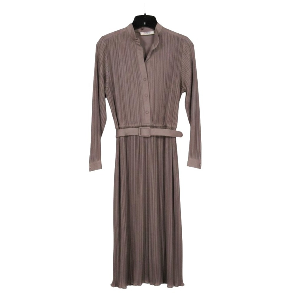 LAURA ELIZABETH Taupe CRYSTAL PLEATS 1/2 Buttons BELTED Blouson Midi DRESS 10